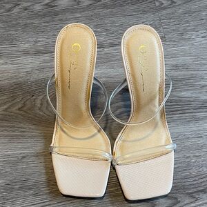 Beige Clear-Strap Square-Toe Women’s Sandals